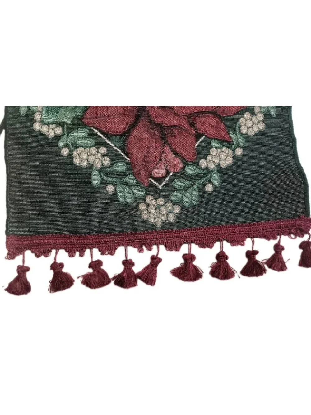 Christmas Tapestry Table Runner Poinsettia Candles Metallic Gold Threads 70x12